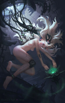 1girl absurdres android blonde_hair breasts cable closed_mouth commentary_request cyborg dusttodusk empty_eyes female_focus floating floating_hair grey_eyes highres joints lens_flare long_hair mechabare medium_breasts nipples nude original plug science_fiction solo