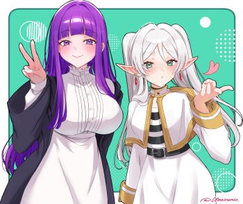 2girls belt black_robe blowing_kiss blunt_bangs blush breasts capelet commentary_request dress earrings elf fern_(sousou_no_frieren) frieren green_eyes highres jewelry large_breasts long_hair long_sleeves looking_at_viewer multiple_girls parted_bangs pointy_ears purple_eyes purple_hair robe sidelocks small_breasts smile sousou_no_frieren twintails umirunie v white_capelet white_dress