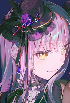 1girl 2026 bang_dream! black_hat blue_background close-up commentary_request earrings flower frills grey_hair happy_new_year hat hat_flower hat_ornament highres jewelry long_hair looking_at_viewer minato_yukina new_year nobusawa_osamu portrait purple_flower purple_rose rose solo yellow_eyes