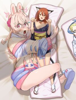1girl animal_slippers braid bunny_slippers caught colress_(pokemon) dakimakura_(object) hair_ornament highres hugging_object hunie_(series) huniepop looking_at_viewer lying momo_(huniepop) nico-mo nintendo on_side open_mouth phase_connect pillow pillow_hug pink_eyes pink_hair pipkin_pippa pokemon pokemon_bw2 rabbit_girl rabbit_hair_ornament slippers solo sweat virtual_youtuber