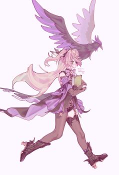 1girl artist_name banthyo_hiyo bare_shoulders beak bird bird_wings black_boots black_dress black_gloves black_ribbon blonde_hair blush book boots bow bowtie bridal_gauntlets brown_pantyhose brown_thighhighs commentary dress eyepatch feathered_wings fischl_(genshin_impact) floating_hair flying full_body garter_belt genshin_impact gloves gold_trim green_eyes hair_ribbon high_heel_boots high_heels highres holding holding_book long_hair looking_to_the_side open_mouth oz_(genshin_impact) pantyhose pet purple_bow purple_bowtie purple_dress purple_eyes ribbon shadow simple_background single_leg_pantyhose single_thighhigh sleeveless sleeveless_dress symbol-only_commentary thighhighs two-tone_dress two_side_up walking white_background wings