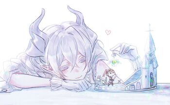 1girl bare_shoulders demon_girl demon_horns duel_monster gloves grey_eyes grey_hair heart horns knight_(yu-gi-oh!) labrynth_chandraglier light_smile lovely_labrynth_of_the_silver_castle moseub126008 pointy_ears simple_background slit_pupils solo toy white_background white_gloves yu-gi-oh!