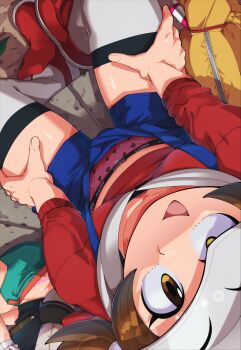 2girls animal_print bag black_shirt blue_overalls blush breasts brown_eyes brown_hair character_print character_request clothes_writing collarbone denim_overalls eevee euf-dreamer from_above gen_1_pokemon green_skirt hat heart heart_print highres lace lace-trimmed_panties lace_trim leaf long_hair long_sleeves looking_at_viewer looking_up low_twintails lyra_(pokemon) multiple_girls navel nintendo open_mouth overalls panties panty_peek pink_panties pokemon pokemon_hgss print_panties red_shirt red_shoes shirt shoes sitting skirt small_breasts smile thighhighs twintails underwear white_hat white_thighhighs