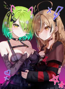 2girls absurdres ahoge antler_ornament antler_ribbon antlers black_background black_choker black_nails black_ribbon black_shirt black_sweater brown_eyes brown_hair ceres_fauna ceres_fauna_(goth) choker commentary crinoline dio_dio drawn_ears drawn_heart drawn_star dress emo_fashion english_commentary flower goth_fashion gradient_background hair_flower hair_ornament hair_over_one_eye hair_ribbon hand_on_another's_back hand_on_own_chest heart heart_choker heart_o-ring heart_ring_choker highres hololive hololive_english horns huge_ahoge lace lace-trimmed_choker lace_sleeves lace_trim lightning_bolt_symbol long_hair mole mole_under_eye multiple_girls nanashi_mumei nanashi_mumei_(emo) nightmare_(nanashi_mumei) o-ring o-ring_choker one_side_up purple_background purple_dress red_sweater ribbon shirt short_hair star_(symbol) striped_clothes striped_sweater sweater sweater_under_shirt t-shirt torn_clothes torn_sweater tree_horns two-tone_sweater virtual_youtuber