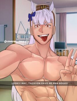 1boy abs animal_ears biceps blunt_bangs bow brown_hat deltoids ear_bow ear_ribbon genderswap genderswap_(ftm) gold_ship_(umamusume) hat horse_boy horse_ears horse_tail large_pectorals lats long_hair male_focus mastectomy_scar muscular muscular_male obliques pectorals pillbox_hat red_eyes scar scar_on_chest tail tongue tongue_out topless_male trapezius umamusume v vennyyyy_draws white_hair