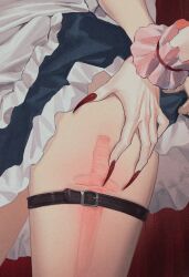 Rule 34 | 2girls, belt, brown belt, buckle, close-up, clothes lift, eosatto (eo4tto), fingernails, hand on another&#039;s thigh, imprinted skin, izayoi sakuya, lifted by self, long fingernails, multiple girls, nail polish, red nails, remilia scarlet, sharp fingernails, skirt, skirt lift, thigh belt, thigh focus, thigh strap, thighs, touhou, very long fingernails, wrist cuffs