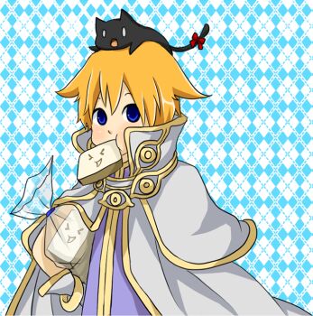 Rule 34 | 1boy, :t, alternate color, animal, animal on head, argyle background, black cat, blonde hair, blue background, blue eyes, bread, bread slice, cape, cat, cat on head, commentary request, food, food in mouth, gold trim, grey cape, loaf of bread, looking at viewer, male focus, meiko (nattu303), mouth hold, on head, open mouth, purple shirt, ragnarok online, shirt, short hair, solo, toast, toast in mouth, upper body, wizard (ragnarok online)