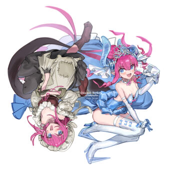 2girls :d artist_name blue_eyes blush breasts character_name commentary dated elbow_gloves elizabeth_bathory_(cinderella)_(fate) elizabeth_bathory_(fate) elizabeth_bathory_(scullery_maid)_(fate) fang fate/grand_order fate_(series) glass_footwear gloves hat high_heels highres horns long_hair looking_at_viewer mob_cap multiple_girls nemo_(leafnight) official_alternate_costume open_mouth patchwork_clothes pink_hair simple_background skin_fang small_breasts smile symbol-only_commentary tail thighhighs tiara upside-down white_background white_gloves white_legwear