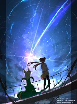 Rule 34 | 1girl, black pantyhose, bo (bouillustration), brown hair, donut hair bun, double bun, gen 5 pokemon, hair bun, hat, highres, long hair, night, nintendo, pantyhose, pantyhose under shorts, pokemon, pokemon (creature), pokemon bw2, raglan sleeves, rosa (pokemon), serperior, shirt, shooting star, shorts, sky, star (sky), twintails, visor cap, yellow shorts