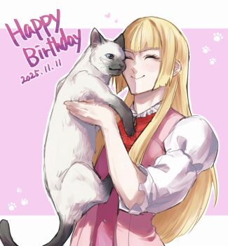 1girl black_fur blonde_hair blue_eyes cat closed_eyes dress emilie_de_rochefort happy_birthday heart long_hair nekokingovo salt_(tekken) short_sleeves siamese_cat smile tekken tekken_8 white_fur