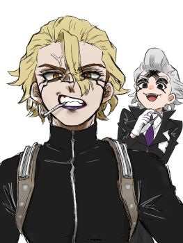 Rule 34 | 2boys, :3, anger vein, angry, black bodysuit, black eyes, black jacket, blonde hair, bodysuit, bow, bowtie, cigarette, clenched teeth, dimple, dr. stone, facial mark, formal clothes, gloves, grey hair, hair between eyes, highres, jacket, lips, lipstick, looking at viewer, makeup, male focus, multiple boys, necktie, ok ffj7rur, purple bow, purple bowtie, purple lips, purple necktie, serious, shirt, short hair, simple background, smile, smoking, stanley snyder (dr.stone), teeth, white background, white gloves, xeno (dr.stone), yellow eyes