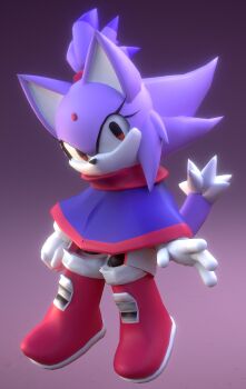 1girl 3d 3d_background absurdres animal_ears artist_name blaze_the_cat boots cat_girl cat_tail commentary english_commentary forehead_jewel furry furry_female gloves highres jacket kitsumy poncho purple_fur red_eyes sol_emerald sonic_(series) tail