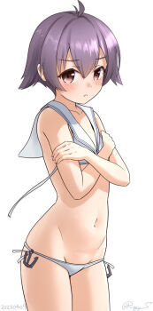 1girl ahoge anchor_ornament bikini breasts brown_eyes cosplay crossed_arms groin kantai_collection lowleg lowleg_bikini navel one-hour_drawing_challenge purple_hair ray.s sailor_bikini sailor_collar sakawa_(kancolle) short_hair side-tie_bikini_bottom simple_background small_breasts solo swimsuit untied_bikini white_background white_bikini white_sailor_collar z3_max_schultz_(kancolle) z3_max_schultz_(kancolle)_(cosplay) z3_max_schultz_(swimsuit)_(kancolle)