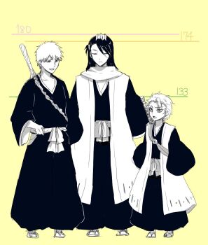 1046sstep_btoh 3boys bleach closed_eyes commentary_request greyscale_with_colored_background haori height_difference height_mark hitsugaya_toushirou japanese_clothes kuchiki_byakuya kurosaki_ichigo long_hair male_focus multiple_boys sandals scarf shihakusho sleeves_past_fingers sleeves_past_wrists sword sword_on_back taichou_haori weapon weapon_on_back