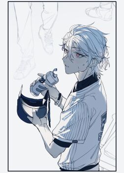 1boy 2others absurdres alternate_costume aohitsugi_samatoki baseball_uniform black_border border bottle bracelet ear_piercing earrings hair_between_eyes helmet highres holding holding_bottle holding_unworn_helmet hypnosis_mic jewelry male_focus monochrome multiple_boys multiple_others pants parted_lips piercing ponytail red_eyes shirt shoes short_hair short_ponytail short_sleeves shuiyiyaogong simple_background sneakers solo_focus sportswear spot_color sweat sweatdrop unworn_headwear unworn_helmet upper_body water_bottle white_background white_hair white_shirt