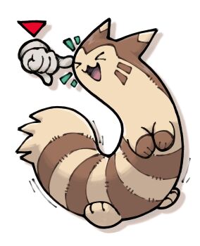 &gt;_&lt; :d absurdres closed_eyes commentary disembodied_hand drop_shadow english_commentary finger_on_another&#039;s_head full_body furret gen_2_pokemon gloves highres nintendo no_humans notice_lines open_mouth pokemon pokemon_(creature) pokemon_focus pr_quote simple_background smile solo triangle white_background white_gloves