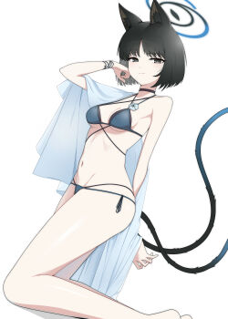 1girl absurdres animal_ear_fluff animal_ears arm_behind_back bare_legs barefoot bikini black_eyes black_hair blue_archive blue_halo blue_haori breasts cat_ears cat_girl cat_tail closed_mouth halo haori highres japanese_clothes js_71535 kikyou_(blue_archive) kikyou_(swimsuit)_(blue_archive) kneeling light_smile looking_at_viewer multiple_tails navel official_alternate_costume revision short_hair solo stomach swimsuit tail two_tails