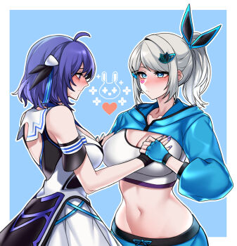 Rule 34 | 2girls, ahoge, aqua eyes, black hair, black ribbon, blue background, blue hair, blue jacket, blue nails, blue shorts, blush, border, breasts, collarbone, counter-strike (series), counter-strike online, cropped hoodie, dogs (dlrkdejr26), dolphin shorts, facial mark, grabbing another's breast, grey hair, groping, guided breast grab, guiding hand, hair ornament, hairclip, hand on another's chest, hand on own chest, heart, highres, hood, hoodie, jacket, large breasts, miho (counter-strike), mirage (counter-strike), multicolored hair, multiple girls, nail polish, navel, outline, outside border, ribbon, shorts, simple background, sports bra, streaked hair, sweat, white border, white outline, x hair ornament, yuri