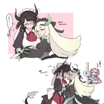 Rule 34 | 4girls, ?, apron, black hair, blue hair, chamber dragonmaid, closed eyes, closed mouth, covering another&#039;s eyes, dragon girl, dragon horns, dragon tail, dragon wings, duel monster, eastern dragon horns, ei (tdnei666), hat, highres, horns, house dragonmaid, japanese clothes, kiss, laundry dragonmaid, long hair, long sleeves, low wings, maid, maid apron, maid headdress, mixed maids, multiple girls, nurse, nurse cap, nurse dragonmaid, open mouth, pink hair, puffy long sleeves, puffy sleeves, speech bubble, tail, translation request, very long hair, wa maid, white hair, wings, yu-gi-oh!, yuri