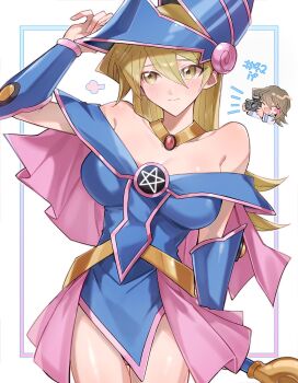 Rule 34 | 1boy, 1girl, bare shoulders, blonde hair, blue dress, blue hat, blush, breasts, brother and sister, brown hair, camera, cleavage, commentary request, cosplay, dark magician girl, dark magician girl (cosplay), dress, hat, highres, holding, holding camera, holding wand, large breasts, long hair, pentagram, phrygian helmet, puff of air, rrr az00, showgirl skirt, siblings, tenjouin asuka, tenjouin fubuki, thighs, very long hair, wand, yu-gi-oh!, yu-gi-oh! gx