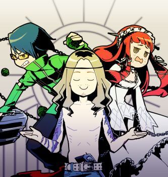 Rule 34 | 1girl, 2boys, @ @, arm tattoo, belt, black hair, briefcase, brown hair, chain, closed eyes, collarbone, crying, denim, dress, explosive, facial hair, glasses, green jacket, grenade, grimace, gun, gun in pants, hair ribbon, hemosuke, holding, holding briefcase, holding grenade, jacket, jeans, lolita fashion, long dress, long hair, long sleeves, maid headdress, multiple boys, pants, persona, persona 3, red hair, ribbon, sakaki takaya, shirato jin, short hair, sleeves past fingers, sleeves past wrists, smile, stubble, tattoo, tinted eyewear, topless male, weapon, white belt, white dress, white ribbon, yellow-tinted eyewear, yellow eyes, yoshino chidori