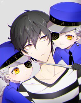 Rule 34 | 10s, 1boy, 2girls, amamiya ren, black hair, braid, caroline (persona 5), eyepatch, grey hair, justine, justine (persona 5), multiple girls, nekoneko765, persona, persona 5, prison clothes, short hair, siblings, sisters, twins, yellow eyes