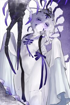 Rule 34 | 1girl, absurdres, arthropod girl, bug, centipede, clothing request, commentary request, dress, ekrea jan, hair ribbon, highres, long sleeves, monster girl, original, purple eyes, purple ribbon, ribbon, white dress, white hair