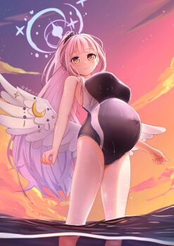 1girl absurdres artist_name big_belly black_one-piece_swimsuit blue_archive breasts closed_mouth cloud commentary competition_school_swimsuit covered_navel dusk halo highres large_breasts long_hair looking_at_viewer mika_(blue_archive) multicolored_sky on_water one-piece_swimsuit outdoors pink_hair pink_halo ponytail pregnant school_swimsuit sky smile solo swimsuit trinity_general_school_swimsuit very_long_hair wading white_wings wing_ornament wings yellow_eyes yuzuhara1017