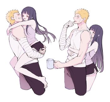 Rule 34 | 1boy, 1girl, arms around neck, arms around waist, bandaged arm, bandaged hand, bandages, bare arms, bare shoulders, black hair, black pants, black shorts, blonde hair, blue eyes, blunt bangs, blunt ends, breasts, brushing teeth, cleavage, closed eyes, couple, cropped legs, cup, facial mark, grey eyes, grey shirt, grin, hetero, highres, hime cut, holding, holding cup, hug, hug from behind, hyuuga hinata, long hair, medium breasts, midriff peek, naruto (series), naruto shippuuden, no pupils, open mouth, pants, shirt, short hair, short shorts, shorts, sidelocks, sleeveless, sleeveless shirt, smile, spiked hair, straight hair, tank top, ting, uzumaki naruto, whisker markings, white background, white shirt, white tank top