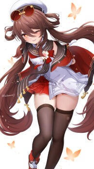 1girl ;p absurdres blush brown_hair brown_scarf brown_thighhighs chinese_clothes eyewear_on_head flower-shaped_pupils genshin_impact hair_between_eyes hair_rings hako_momiji hat highres hu_tao_(cherries_snow-laden)_(genshin_impact) hu_tao_(genshin_impact) long_hair looking_at_viewer official_alternate_costume one_eye_closed red-tinted_eyewear red_eyes round_eyewear scarf skindentation smile solo symbol-shaped_pupils thick_thighs thighhighs thighs tinted_eyewear tongue tongue_out twitter_username white_background white_hat yellow-framed_eyewear