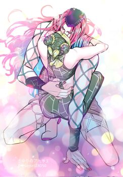 1boy 1girl brown_skirt closed_eyes commentary_request cone_hair_bun double_bun fishnet_thighhighs fishnet_top fishnets green_hair green_pants hair_bun hat hetero highres hug jojo_no_kimyou_na_bouken kiss kuujou_jolyne long_hair multicolored_hair narciso_anasui pants pink_hair pink_nails purple_hat sayuri28050 skirt spider_web_print squatting stone_ocean thighhighs two-tone_hair white_thighhighs
