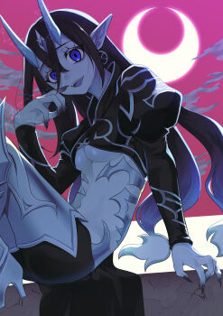 1girl absurdres blue_eyes blue_sky commentary_request crescent_moon dominus_spark duel_monster earrings hand_on_own_face hand_up high_heels highres horns jewelry long_hair moon open_mouth pinyata_(pinyaland) pointy_ears sitting sky solo yu-gi-oh!