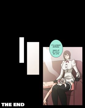 1boy 1girl absurdres aftersex black_eyes black_hair breasts breath clothed_female_nude_male couch english_text expressionless fainted hand_on_another's_chest highres lap_pillow looking_down mosbles nude open_mouth heavy_breathing artist_self-insert setena_(sumata_cafe) short_hair sitting speech_bubble tall_female tall_female_short_male the_end_(phrase) thighhighs white_hair