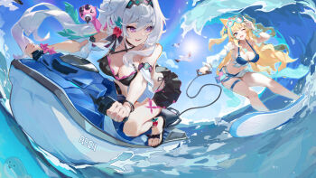 2girls artist_name asc11 bare_shoulders bikini bikini_skirt bird black_bikini blonde_hair blue_bikini blue_sky breasts chinese_commentary cleavage commentary_request goggles goggles_on_head green_eyes highres honkai_(series) honkai_impact_3rd jet_ski large_breasts long_hair multiple_girls official_alternate_costume open_mouth purple_eyes sacabambaspis sandals seagull sky songque songque_(summertime_reminiscences) sun surfboard surfing swimsuit thelema_nutriscu thelema_nutriscu_(roseate_summer) thigh_strap thighs toes very_long_hair water watercraft white_hair