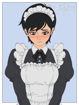 1girl alternate_costume apron artist_name black_hair blue_background blush border breasts brown_eyes cassandra_cain commentary dc_comics english_commentary enmaided facing_viewer flat_color frown highres juliet_sleeves long_sleeves looking_down maid maid_apron maid_headdress medium_breasts outside_border puffy_sleeves short_hair simple_background solo the_hikari white_border