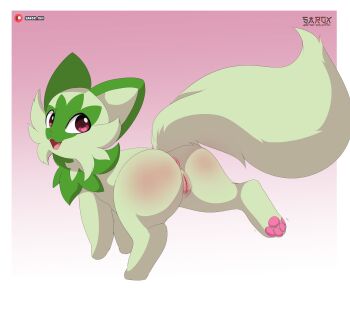 1girl absurdres all_fours animal_ears anus artist_name ass cat_ears cat_paws cat_tail cleft_of_venus fangs female_focus gen_9_pokemon green_fur highres looking_at_viewer nintendo open_mouth patreon_username pink_background pink_eyes pokemon pokemon_(creature) pussy sarox solo sprigatito tail uncensored