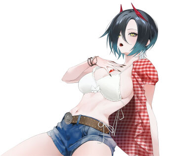 1girl :o absurdres azur_lane belt bikini black_hair bracelet breasts commentary cosplay denim denim_shorts english_commentary fingernails han_korehatsu hand_on_own_chest highres horns jewelry kwon_eun-bi kwon_eun-bi_(cosplay) large_breasts looking_at_viewer mechanical_horns nail_polish open_clothes open_shirt plaid_clothes plaid_shirt red_shirt shirt short_hair short_shorts shorts sideboob simple_background solo swimsuit ulrich_von_hutten_(azur_lane) white_background white_bikini