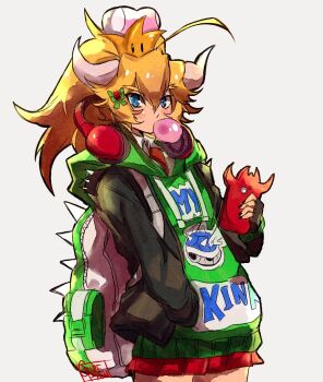 Rule 34 | 1girl, ahoge, backpack, bag, blonde hair, blowing bubble gum, blowing bubbles, blue eyes, blue shell (mario), bowser logo, bowsette, cellphone, chewing gum, commentary, contemporary, cowboy shot, english commentary, female focus, gurepyon, hair ornament, hairclip, hand in pocket, headphones, headphones around neck, highres, hood, hoodie, horns, mario (series), mario kart, mario kart 64, nail polish, necktie, new super mario bros. u deluxe, nintendo, phone, pleated skirt, ponytail, print hoodie, signature, skirt, smartphone, solo, super crown, thick eyebrows, wing collar