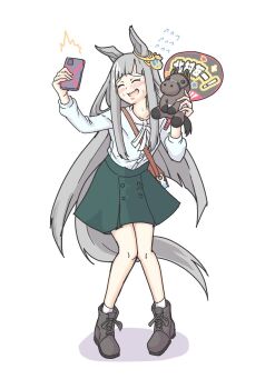 1girl animal_ears blunt_bangs blush breasts casual cellphone chrono_genesis_(umamusume) embarrassed full_body grey_hair hair_between_eyes hair_ornament holding horse_ears horse_girl horse_tail inuken_(nicoseiga917125) looking_at_viewer open_mouth phone selfie small_breasts solo standing sweatdrop tail umamusume white_background
