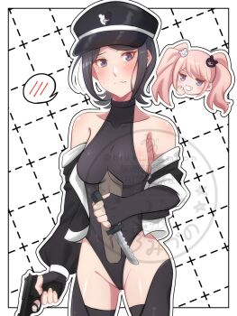 2girls bare_shoulders black_gloves black_hat black_jacket black_thighhighs blue_w_moon blush covered_collarbone covered_navel cowboy_shot danganronpa:_trigger_happy_havoc danganronpa_(series) enoshima_junko fingerless_gloves gloves grey_eyes groin gun hat highres holding holding_gun holding_knife holding_weapon ikusaba_mukuro jacket knife like_and_redraw_challenge monokuma multiple_girls off_shoulder shiny_skin short_hair siblings sisters smile solo_focus spoken_blush thighhighs wavy_mouth weapon white_background white_jacket