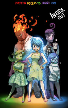 2boys 3girls anger_(inside_out) artist_request blue_eyes blue_hair blue_skin breasts cleavage colored_skin disgust_(inside_out) disney fear_(inside_out) glasses green_eyes green_hair green_skin inside_out joy_(inside_out) lips looking_at_viewer multiple_boys multiple_girls pixar purple_eyes purple_skin red_eyes sadness_(inside_out) sweater yellow_skin