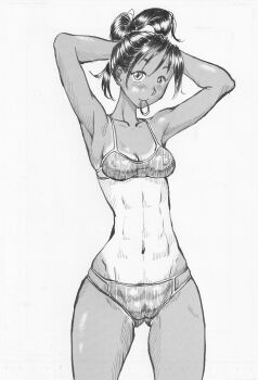 1girl abs absurdres armpits arms_behind_head arms_up bikini breasts cameltoe cleavage closed_mouth collarbone commentary_request covered_erect_nipples cowboy_shot denkouzii0556 eyelashes greyscale hair_tie_in_mouth highres holding holding_own_hair looking_at_viewer monochrome mouth_hold navel original simple_background smile stomach swimsuit tan tanline toned toned_female tying_hair white_background