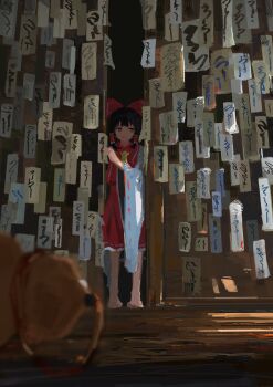 1girl absurdres ascot barefoot bow detached_sleeves frilled_bow frilled_hair_tubes frills hair_bow hair_tubes hakurei_reimu highres indoors koukouya ofuda red_bow red_skirt ribbon-trimmed_sleeves ribbon_trim skirt solo touhou yellow_ascot