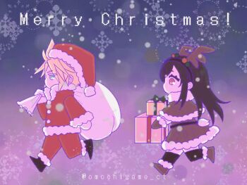 1boy 1girl animated animated_gif antlers black_hair blonde_hair blue_eyes blush brown_capelet brown_dress brown_gloves brown_skirt capelet christmas christmas_present cloud_strife dress final_fantasy final_fantasy_vii final_fantasy_vii_remake full_body fur-trimmed_capelet fur-trimmed_gloves fur-trimmed_headwear fur-trimmed_jacket fur-trimmed_pants fur-trimmed_skirt fur_trim gift gloves hairband hat heart holding holding_present holding_sack horns jacket merry_christmas omochigame_ct pants red_eyes red_jacket red_pants reindeer_antlers running sack santa_costume santa_dress santa_hat sidelocks skirt smile snow snowflakes snowing spiked_hair spoken_heart square_enix swept_bangs tifa_lockhart