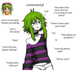 Rule 34 | 1girl, black choker, black sweater, choker, commentary, cowboy shot, english commentary, english text, green eyes, green hair, gumi, microsoft paint (medium), no pants, open mouth, panties, peqermint, purple sweater, reference inset, short hair, short hair with long locks, simple background, single bare shoulder, single off shoulder, solo, standing, striped clothes, striped sweater, sweat, sweater, two-tone sweater, underwear, vocaloid, white background, white panties