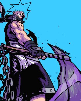 Rule 34 | 1boy, artist name, black star, blue background, blue hair, fingerless gloves, gloves, highres, holding, holding weapon, kusarigama, male focus, muscular, muscular male, ninja, shoulder tattoo, sickle, solo, soul eater, spiked hair, tattoo, that one panda, weapon