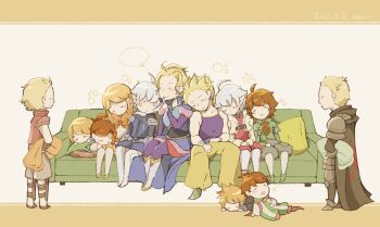 4girls 6+boys ahoge alisaie_leveilleur alphinaud_leveilleur armor basch_fon_ronsenburg blanket blonde_hair brother_and_sister brothers brown_hair cape chelinka couch dissidia_final_fantasy dissidia_final_fantasy_opera_omnia edgar_roni_figaro elezen elf final_fantasy final_fantasy_crystal_chronicles final_fantasy_crystal_chronicles:_ring_of_fates final_fantasy_iv final_fantasy_vi final_fantasy_xii final_fantasy_xiv finger_to_mouth gabranth_(ff12) lann_(world_of_final_fantasy) leaning_on_person multiple_boys multiple_girls namit palom pillow pointy_ears porom reynn_(world_of_final_fantasy) sabin_rene_figaro shushing siblings silver_hair sitting sleeping smile standing trait_connection twins world_of_final_fantasy yuri_(ffcc)