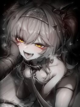 1girl bdsm breasts chinese_commentary collar commentary_request fangs greyscale hairband heart heart-shaped_pupils heart_in_eye highres kupa_(jesterwii) leash loli long_hair lupa_(wuthering_waves) monochrome open_mouth paid_reward_available pet_play pov pov_hands slave small_breasts solo_focus spot_color symbol-shaped_pupils symbol_in_eye thighhighs tongue tongue_out twintails wuthering_waves yellow_eyes