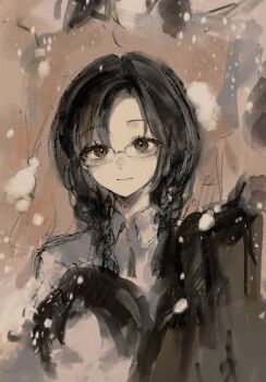 1girl absurdres aged_down black_eyes black_hair braid film_grain glasses highres long_hair looking_at_viewer low_twin_braids lv11 muted_color people reverse:1999 shirt smile solo_focus twin_braids white_shirt z_(reverse:1999)