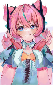 +_+ 1girl absurdres blue_eyes blue_hair blue_streaks blush commentary crossed_bangs detached_collar english_commentary fingerless_gloves gloves grin hair_between_eyes hands_up highres looking_at_viewer multicolored_hair pink_gloves pink_hair shiroyasha72 shirt simple_background smile solo streaked_hair upper_body white_background white_shirt yutane_johiel zenless_zone_zero